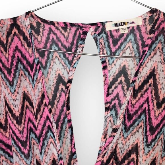 Miken Womens Swimsuit Cover Up Sz L Dress Tunic Pink Black Sheer Beachy Coastal - Picture 4 of 11